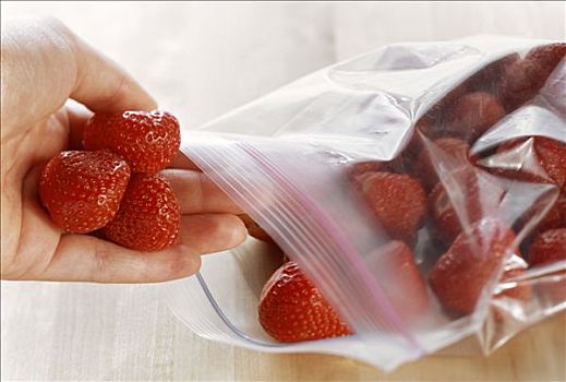 放置,草莓,保鲜袋