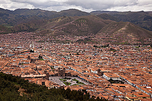 南美,秘鲁,库斯科市,俯视,城市,堡垒,萨克塞华曼,遗址,世界遗产