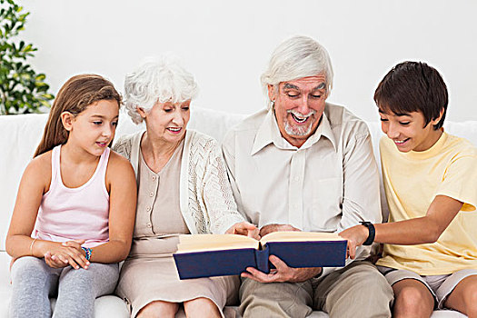 高兴,祖父母,读,书本,孙辈,沙发