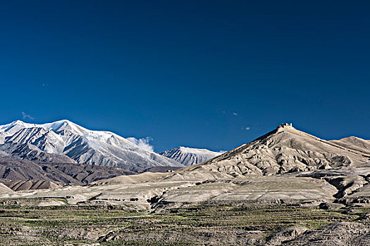 雪山,遗址,山景,莫斯坦王国,喜马拉雅山,尼泊尔,亚洲