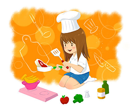 插画,图像,女孩,厨师帽,烹调,食物,渴望