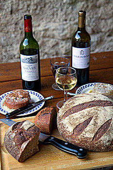 葡萄酒,面包,展示,法国,农场,桌子,靠近,西南部