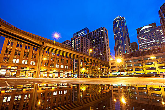 现代建筑,靠近,水,夜晚,西雅图
