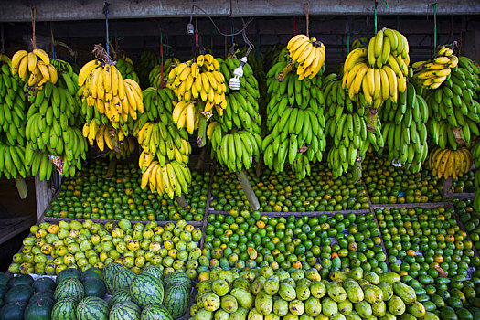 户外市场,场景,特写,市场货摊,选择,绿色,水果,香蕉,芒果,甜瓜