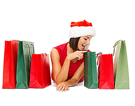 购物,销售,礼物,圣诞节,圣诞,概念,微笑,女人,红色,衬衫,圣诞老人,帽子,购物袋