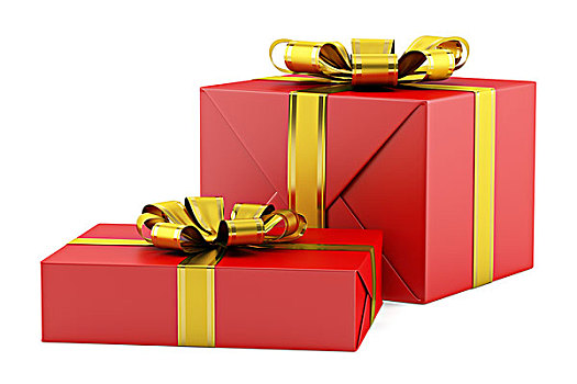 两个,红色,礼盒,金色,带,隔绝,白色背景,背景