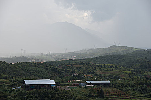 大山,高楼,建筑群,铁塔,河边,农村,田野,草坪,暴风雨,乌云,工业,厂房,远山