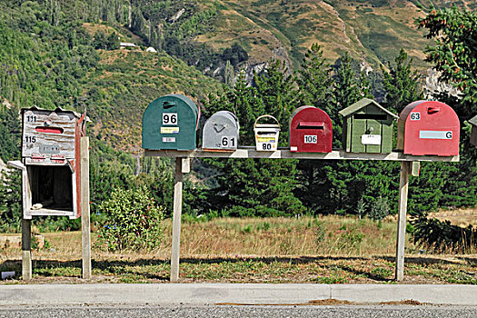 独特,邮箱,排列,进入,道路,新,住宅区,南岛,新西兰