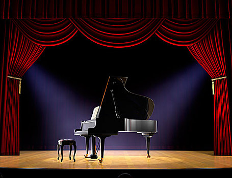 钢琴,剧院,舞台,红色,帘,聚光灯,地面