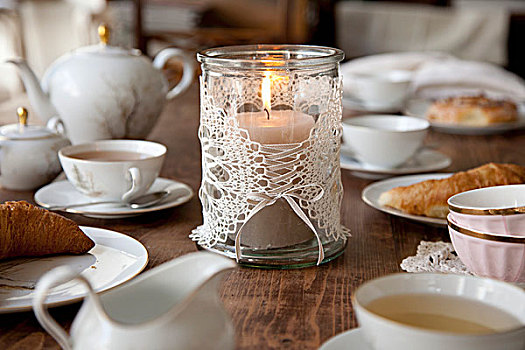蜡烛,灯笼,装饰,编织,装饰垫布,桌上,茶
