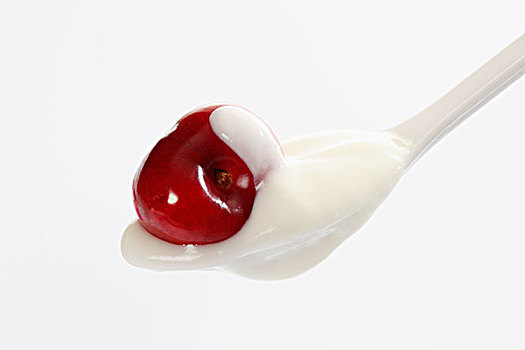 白色,塑料制品,勺子,酸奶,樱桃