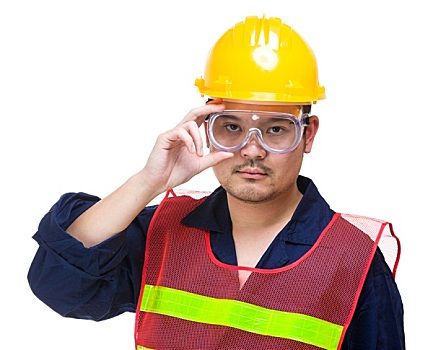 严肃,建筑工人,戴着,护目镜