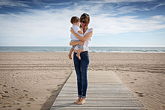 中年,女人,幼儿,女儿,海滩,加泰罗尼亚,西班牙