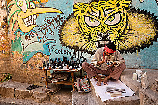 街头摊贩,柚木,塑像,纪念品,正面,涂鸦,虎,乌代浦尔,拉贾斯坦邦,印度,亚洲