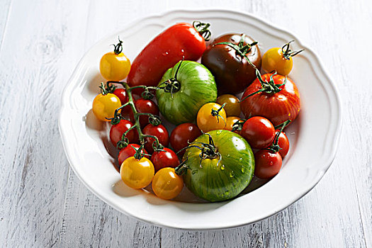 多样,不同,色彩,西红柿,白色,盘子