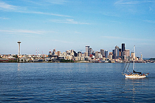 西雅图,天际线,帆船,水,华盛顿,美国