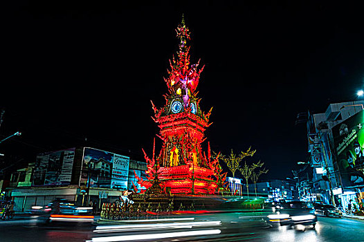 光亮,钟楼,夜晚,光影,交通工具,清莱,省,北方,泰国,亚洲