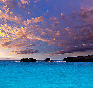 米诺卡岛,儿子,海滩,日落,青绿色,彩色,巴利阿里群岛