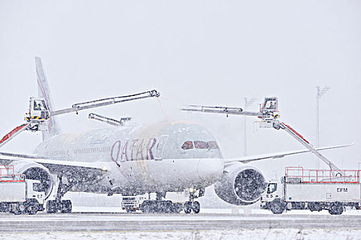 飞机,卡塔尔,航空公司,波音,解冻,下雪,慕尼黑机场,慕尼黑,上巴伐利亚,巴伐利亚,德国,欧洲