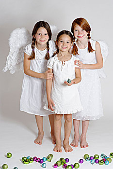 三个女孩,装扮,圣诞节,天使,圣诞节饰物