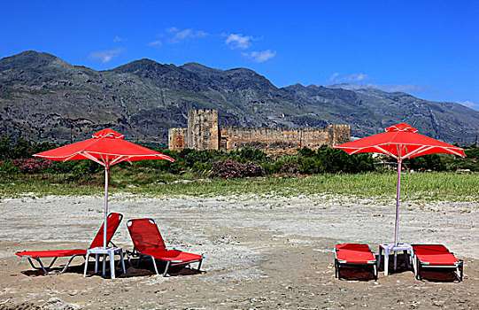 红色,沙滩椅,伞,正面,城堡,克里特岛,希腊,欧洲