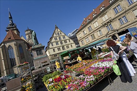 农民,市场,教区教堂,花,销售,斯图加特,巴登符腾堡,德国