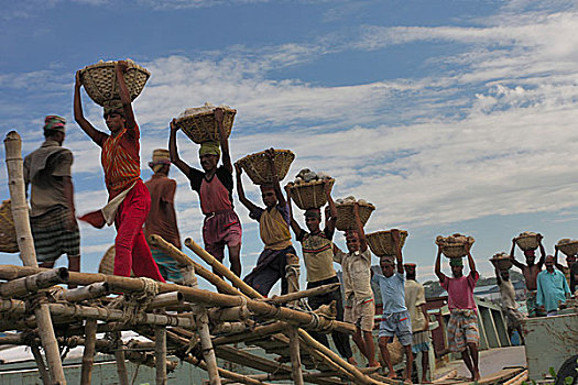 工人,卸载,石头,船,达卡,孟加拉,九月,2008年