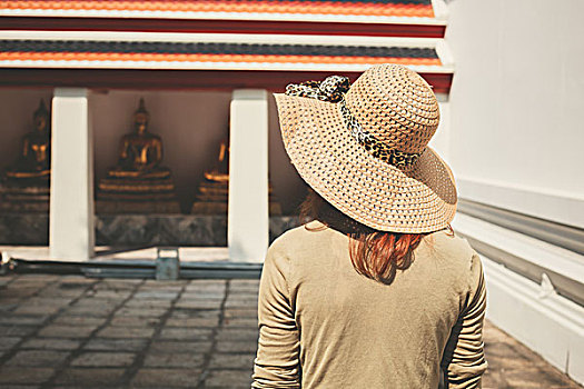 美女,戴着,帽子,探索,佛教寺庙