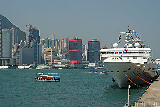 大,游轮,船,停靠,海洋,中心,九龙,天际线,香港,金融区,亚洲