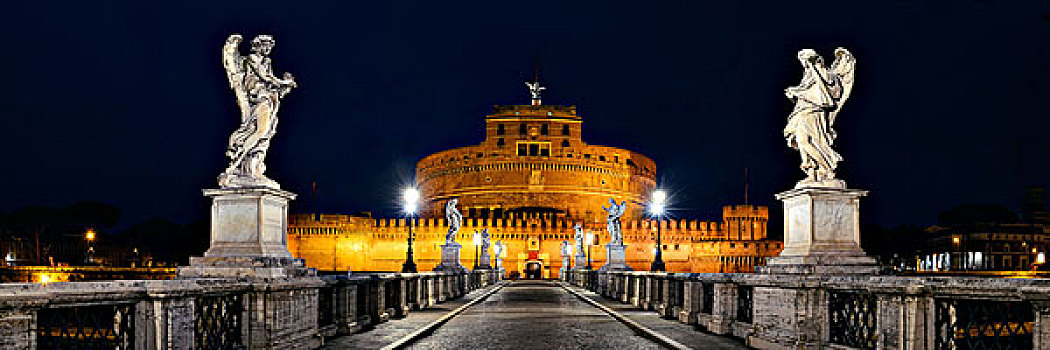 意大利,罗马,夜晚,全景,雕塑,天使