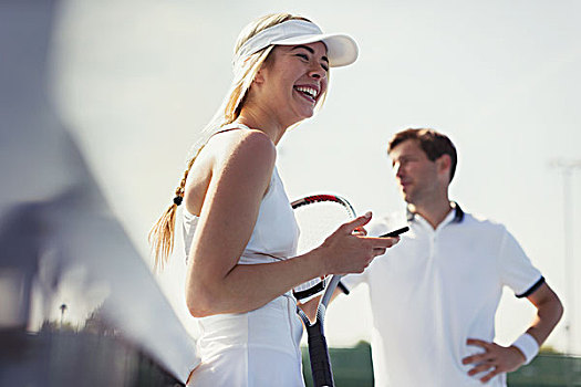 笑,网球手,拿着,手机,网球拍