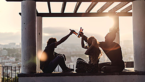 剪影,两个男人,坐,女人,户外,棚架,日落,高举,啤酒瓶,祝酒