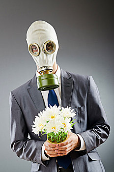 商务人士,防毒面具,花