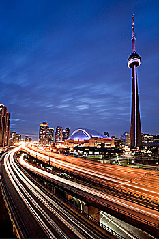多伦多,天际线,俯视,嘉甸拿高速公路,靠近,加拿大国家电视塔,罗杰斯中心,光亮,钟点,2009年,安大略省,加拿大