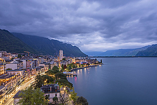 城市风光,晚间,蒙特勒,日内瓦湖,沃州,瑞士