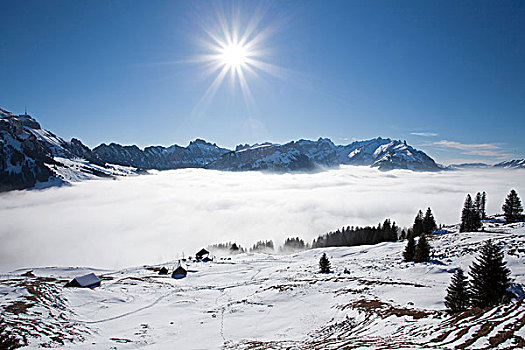 山丘,山,层次,云,山地牧场,积雪,阿彭策尔,阿尔卑斯山,瑞士,欧洲
