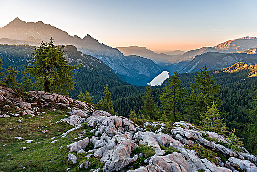 全景,风景,上方,左边,瓦茨曼山,日落,国家公园,贝希特斯加登地区,上巴伐利亚,巴伐利亚,德国,欧洲