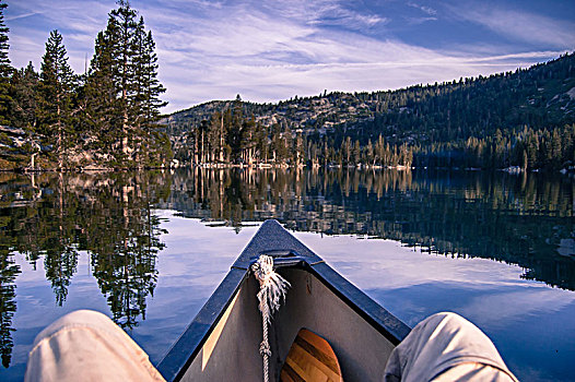 男人,独木舟,湖,远景,高,山脊,加利福尼亚,美国