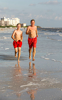 父子,享受,慢跑,海滩