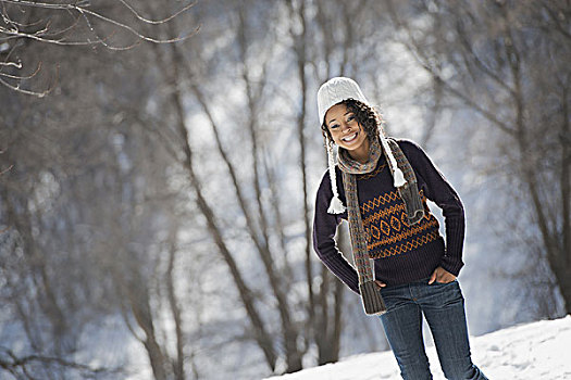 冬季风景,雪,地上,美女,戴着,羊毛帽