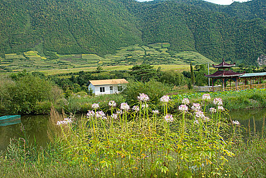 中朝边界鸭绿江对岸朝鲜风光