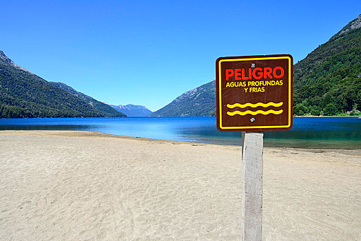 沙滩,海滩,警告标识,专注,深,寒冷,水,省,巴塔哥尼亚,阿根廷,南美