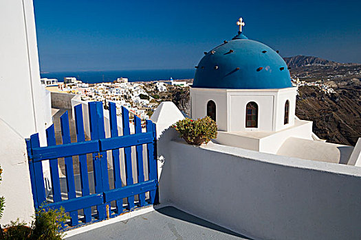 希腊,岛屿,锡拉岛,小镇,伊莫洛维里,蓝色,球形,教堂,边缘