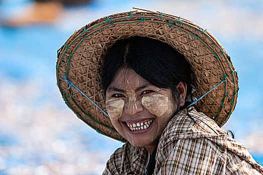 女人,草帽,脸,头像,缅甸,亚洲