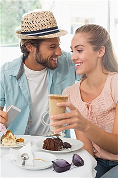 幸福伴侣,享受,咖啡,蛋糕