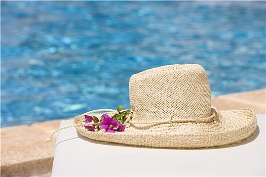 帽子,花,休闲椅,池边