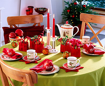 圣诞桌,装饰,苹果,橘子,包