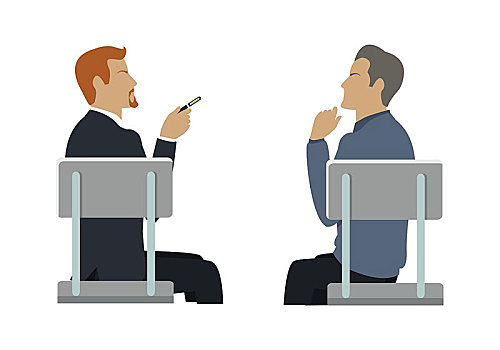 侧面视角,两个,商务人士,坐,灰色,椅子,序列,沟通,交谈,团队,雇员,信息,分享,讨论,争执,矢量,插画
