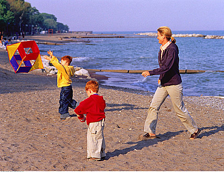 母亲,飞,风筝,儿子,海滩