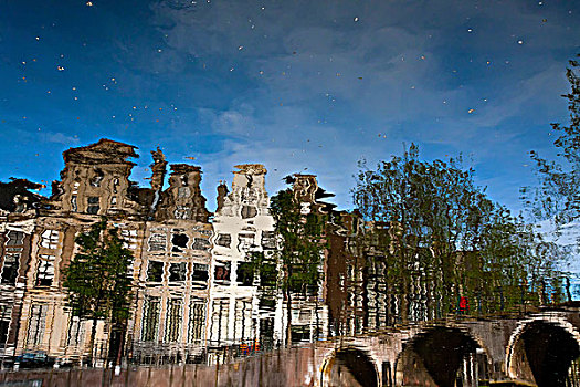 反射,建筑,运河,阿姆斯特丹,荷兰,欧洲